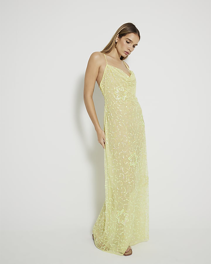 Lime Sequin Cowl Neck Sheer Beach Maxi Dress