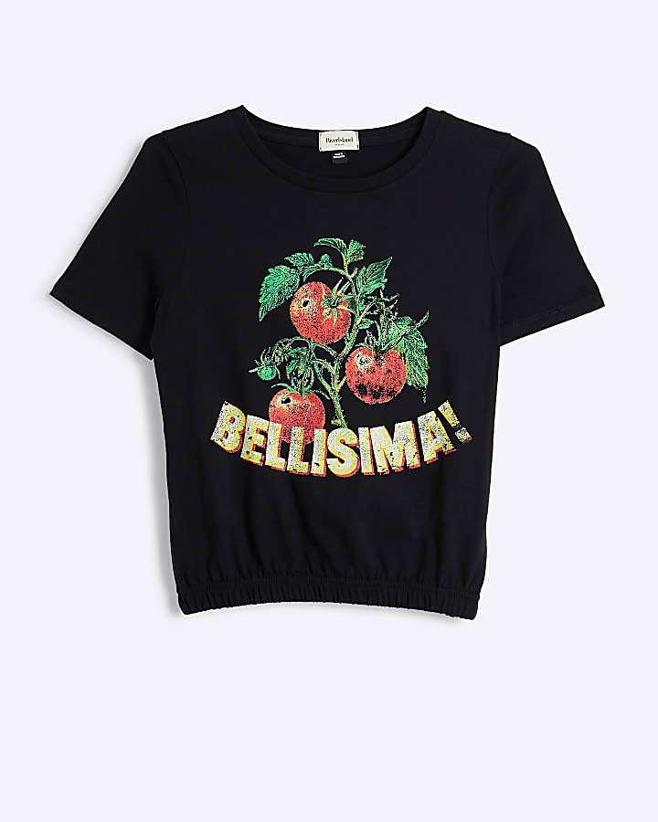 Black Ruched Hem Tomato graphic t-shirt