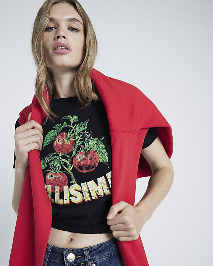 Black Ruched Hem Tomato graphic t-shirt