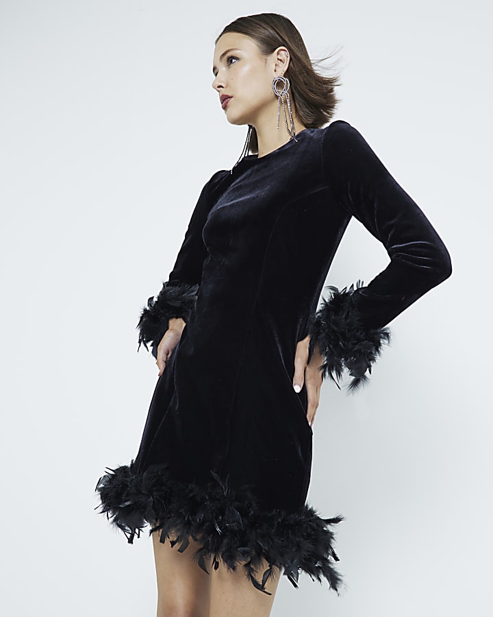 Black Velvet Feathered Hem Dress