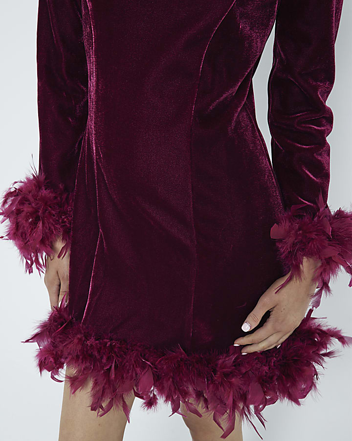 Red Velvet Long Sleeved Feather Hem Dress