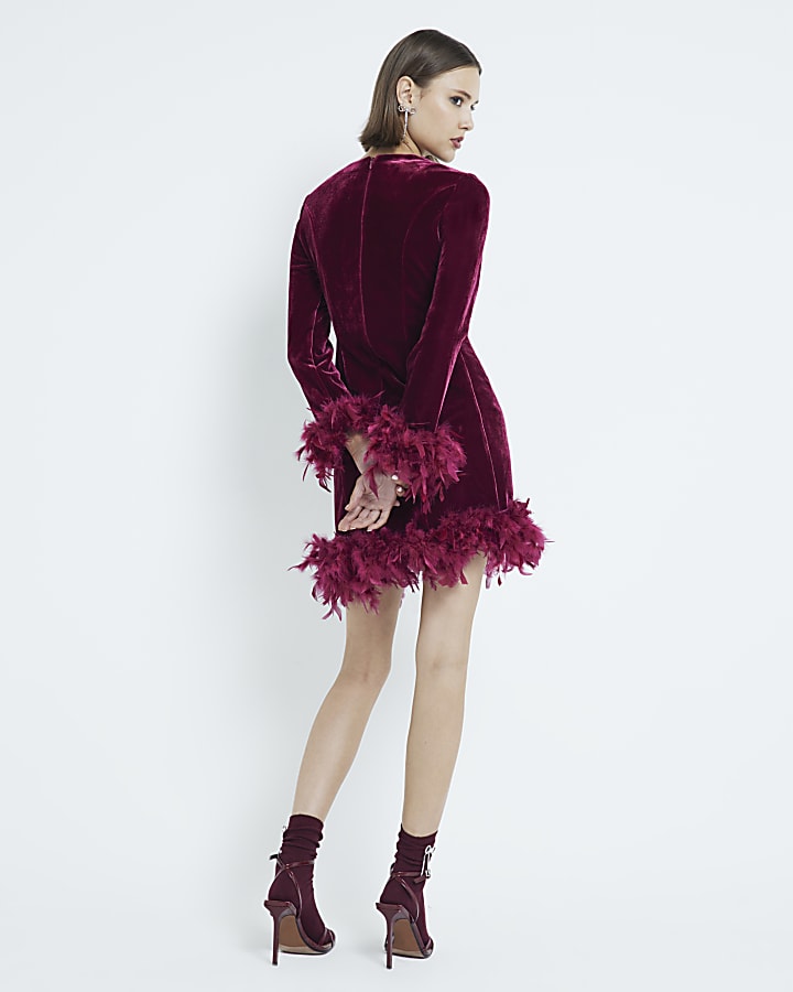 Red Velvet Long Sleeved Feather Hem Dress