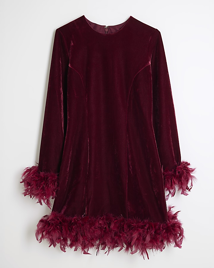 Red Velvet Long Sleeved Feather Hem Dress