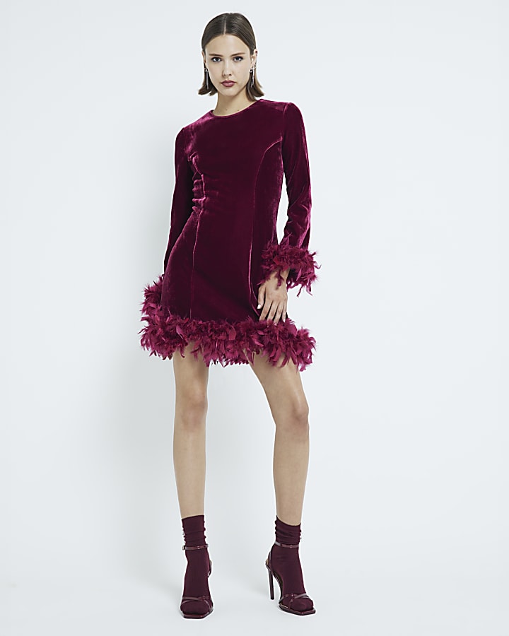 Red Velvet Long Sleeved Feather Hem Dress
