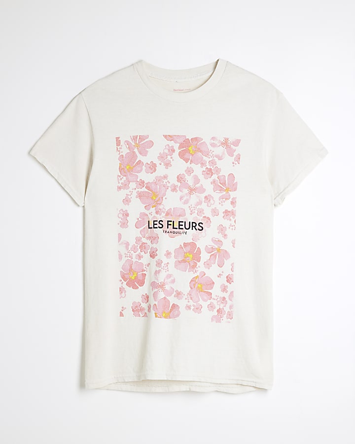 Cream Floral Graphic Boyfriend t-shirt