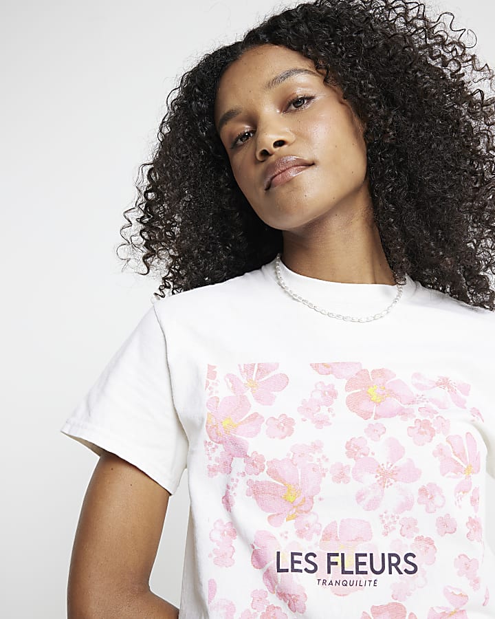 Cream Floral Graphic Boyfriend t-shirt