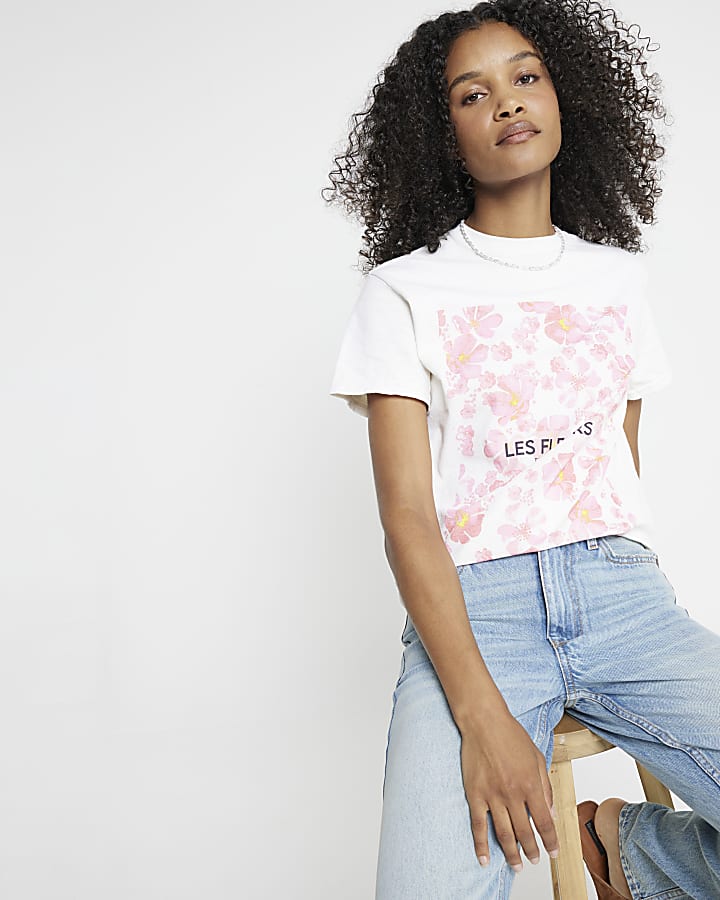 Cream Floral Graphic Boyfriend t-shirt