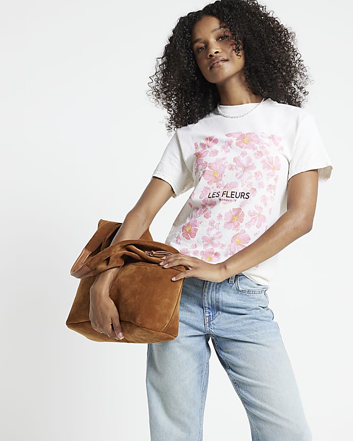 Cream Floral Graphic Boyfriend t-shirt