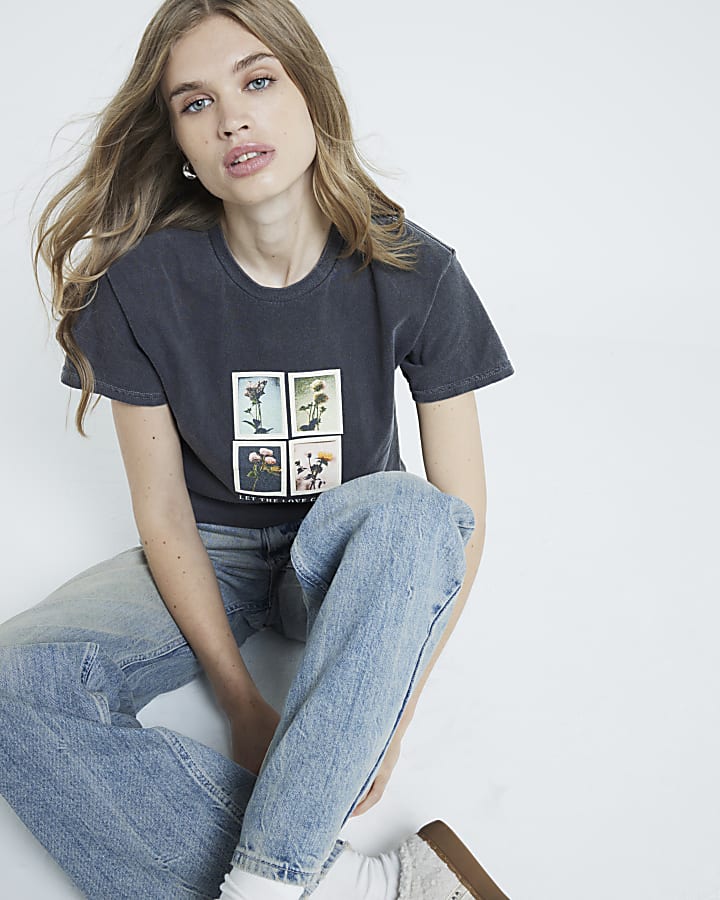 Grey floral photographic boyfriend t-shirt