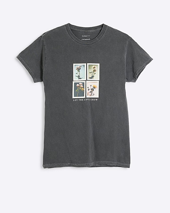 Grey floral photographic boyfriend t-shirt