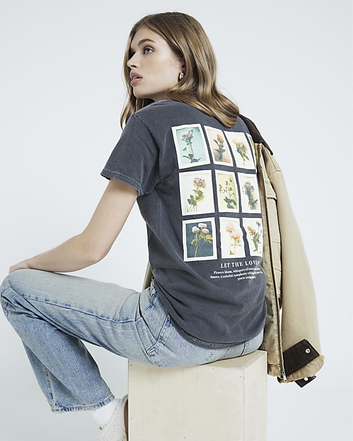 Grey floral photographic boyfriend t-shirt