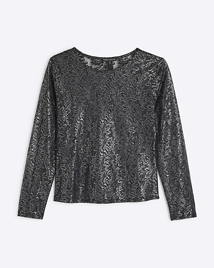 Silver Long Sleeved Metallic Lace Top