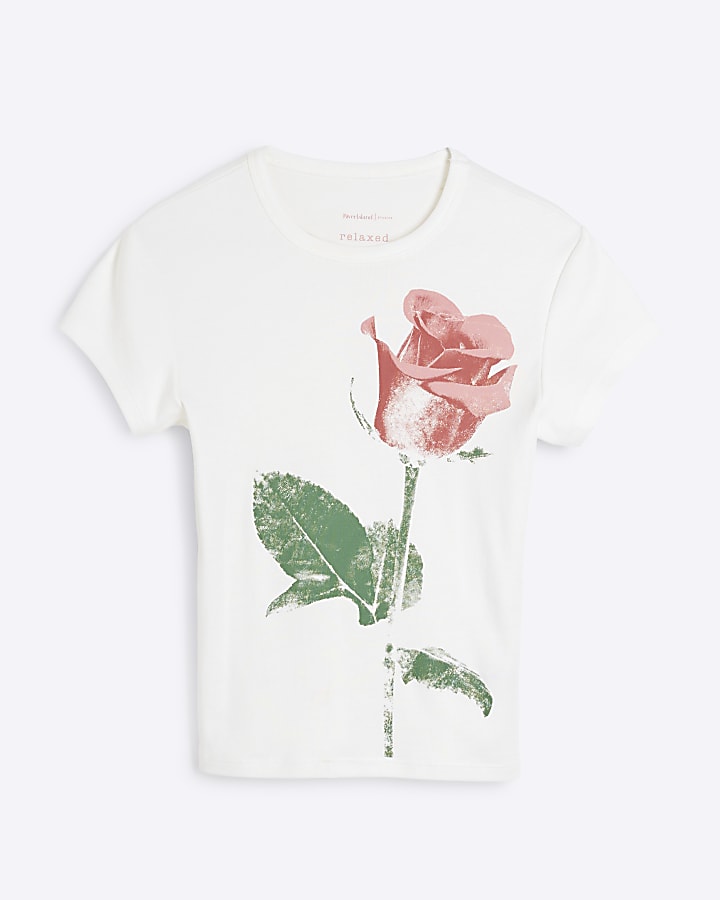 White Ribbed Rose Print Baby T-Shirt