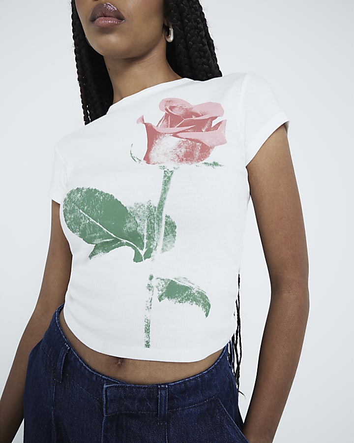 White Ribbed Rose Print Baby T-Shirt