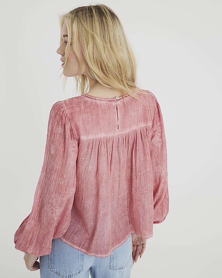 Pink Long Sleeve Lace Trim Embroidered Top