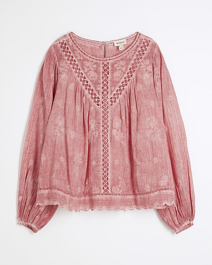 Pink Long Sleeve Lace Trim Embroidered Top