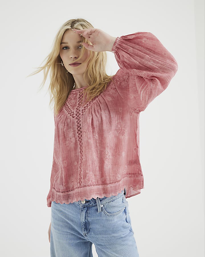 Pink Long Sleeve Lace Trim Embroidered Top