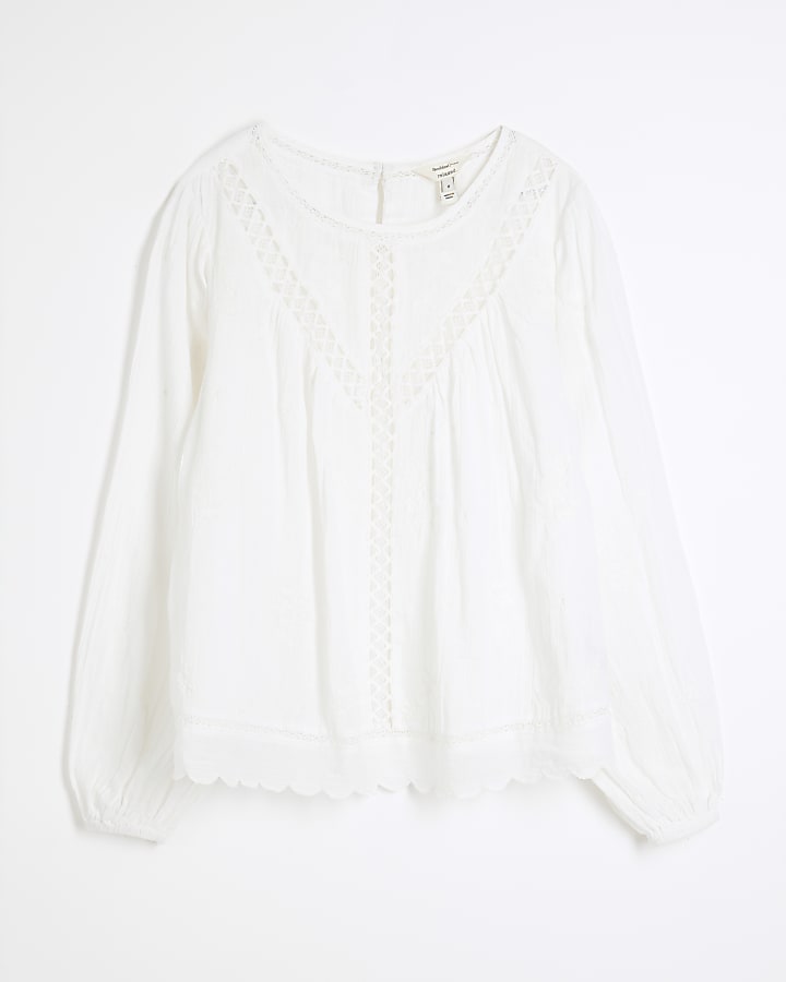 White Long Sleeve Lace Trim Embroidered Top