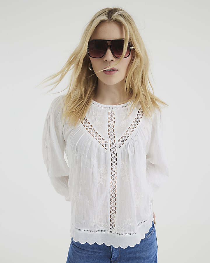 White Long Sleeve Lace Trim Embroidered Top