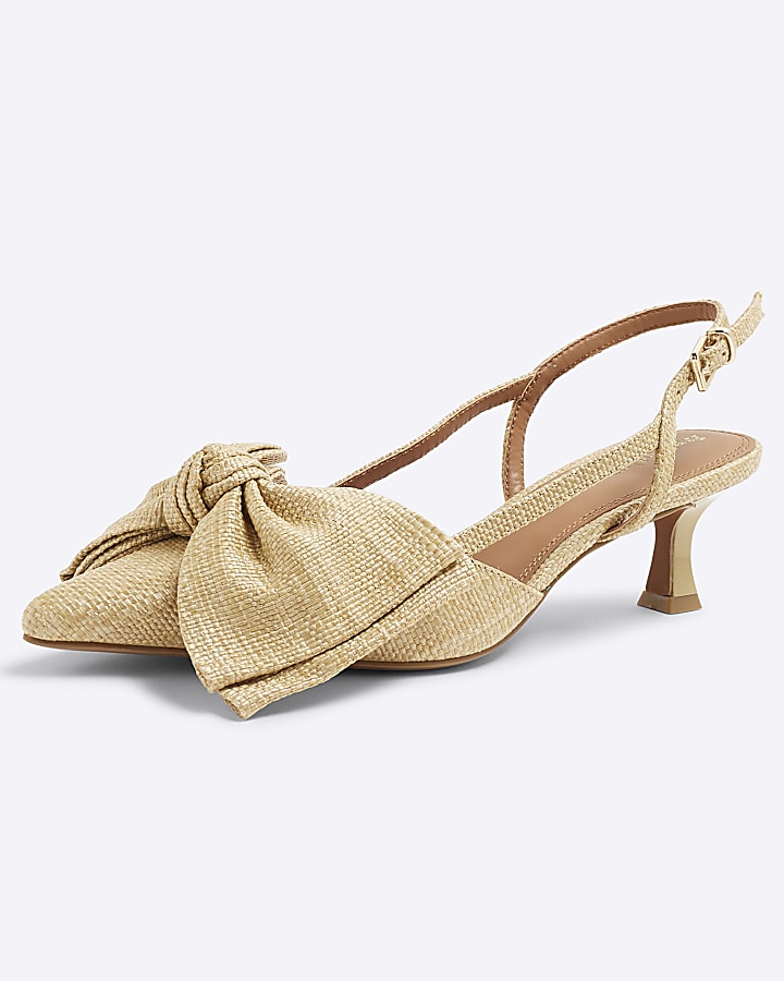 Beige Raffia Sling Back Bow Court Heels