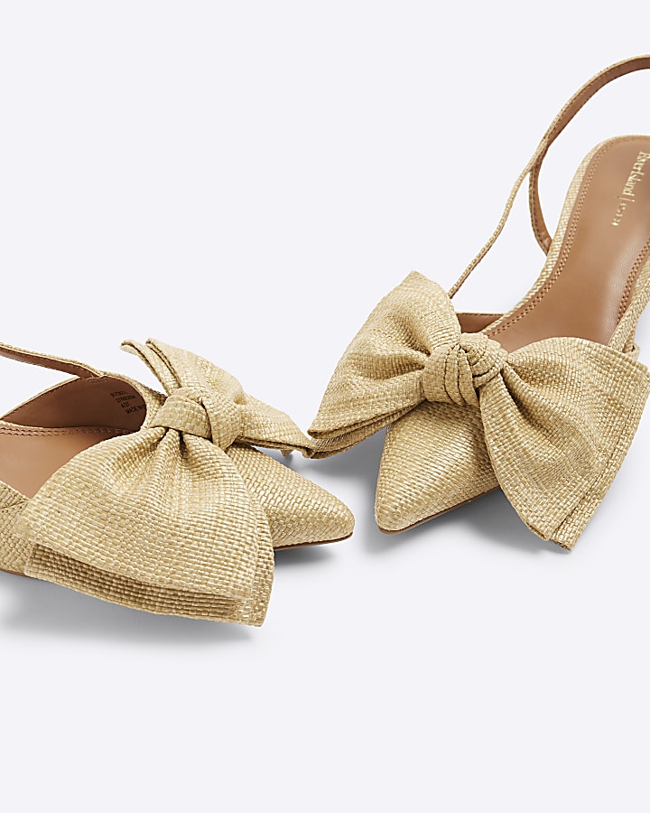 Beige Raffia Sling Back Bow Court Heels