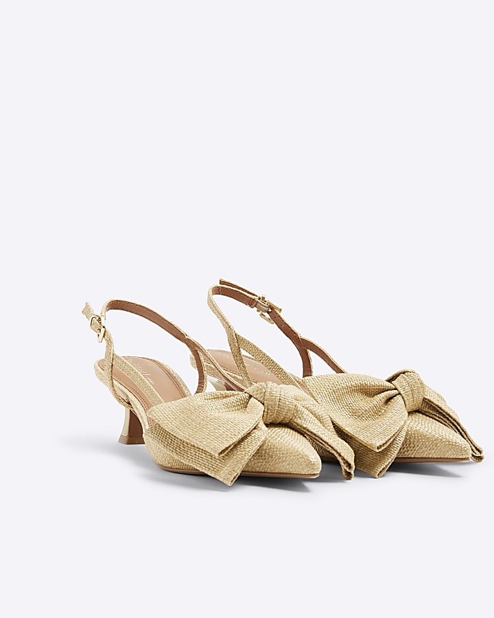 Beige Raffia Sling Back Bow Court Heels