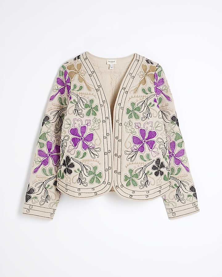 Cream Long Sleeve Floral Studded Jacket