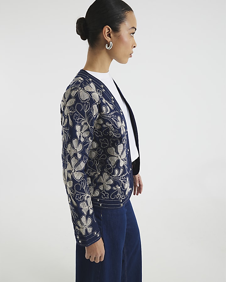 Navy Long Sleeve Floral Studded Jacket