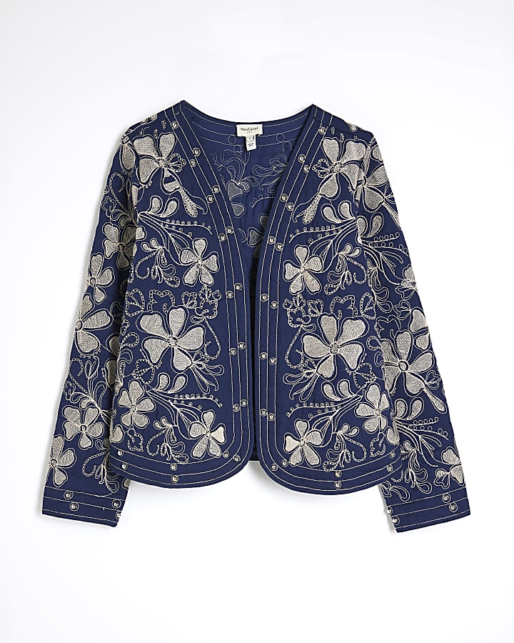 Navy Long Sleeve Floral Studded Jacket