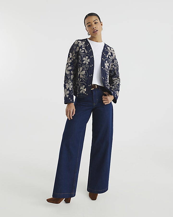 Navy Long Sleeve Floral Studded Jacket