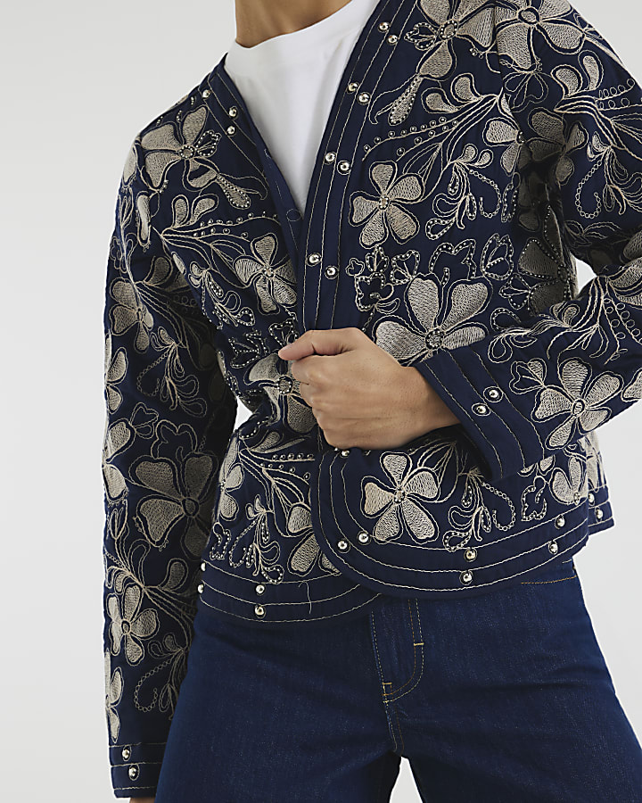 Navy Long Sleeve Floral Studded Jacket