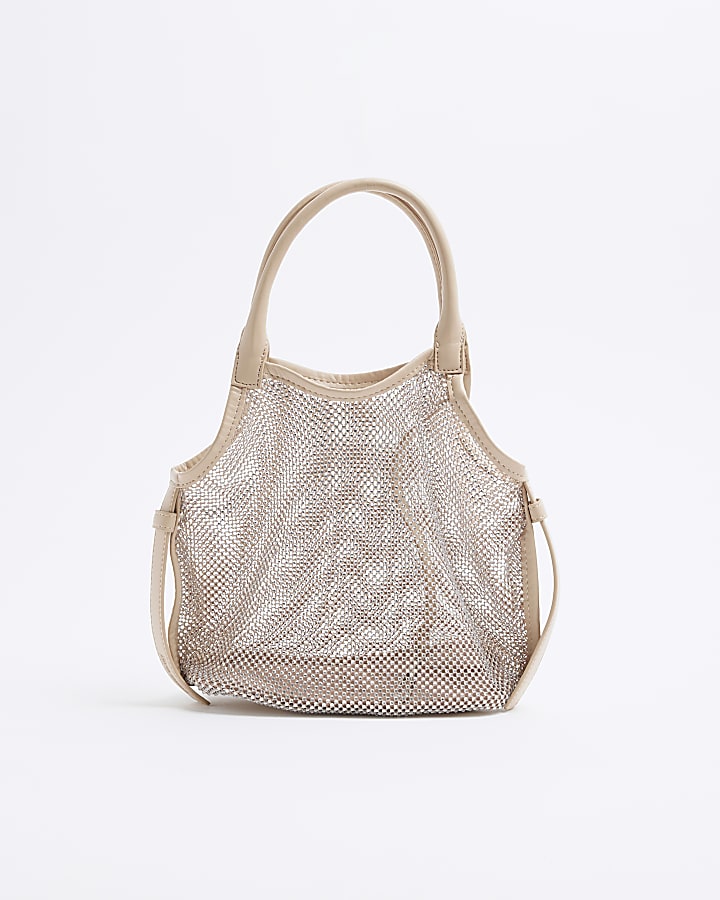 Beige Mesh Mini Diamante Shopper Bag