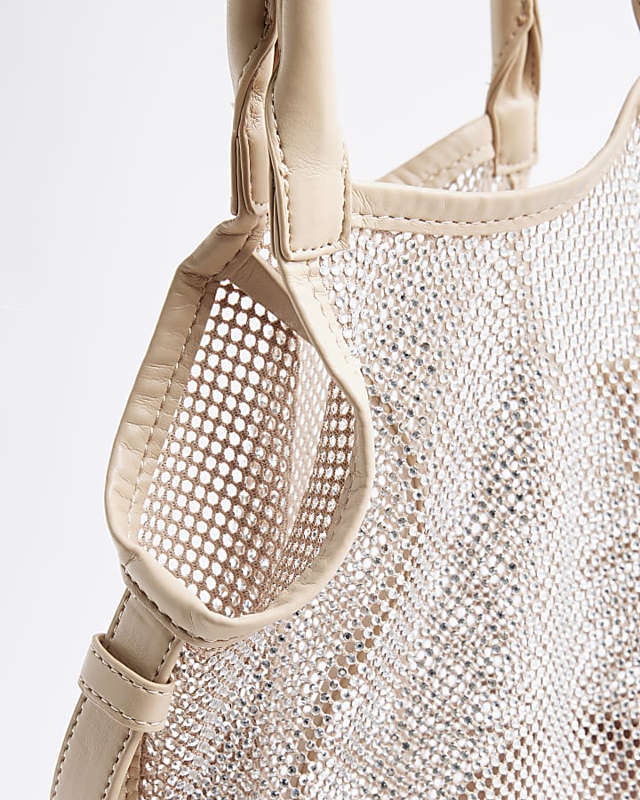 Beige Mesh Mini Diamante Shopper Bag