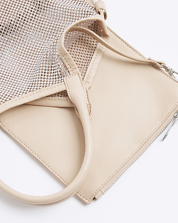 Beige Mesh Mini Diamante Shopper Bag