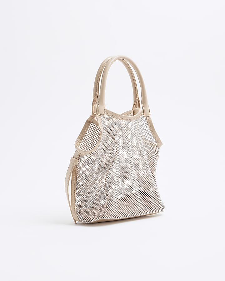 Beige Mesh Mini Diamante Shopper Bag