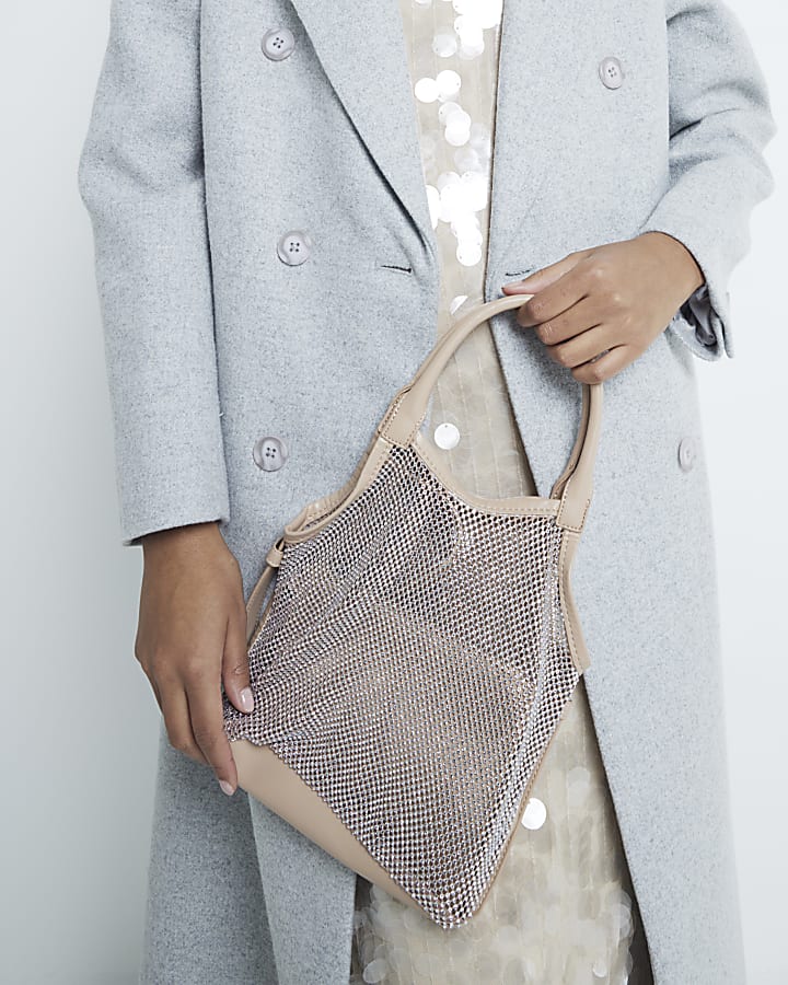 Beige Mesh Mini Diamante Shopper Bag