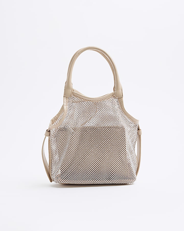 Beige Mesh Mini Diamante Shopper Bag