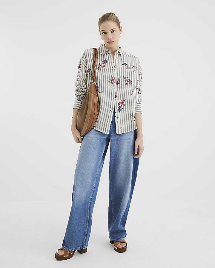 Cream Floral Stripe Embroidered Shirt