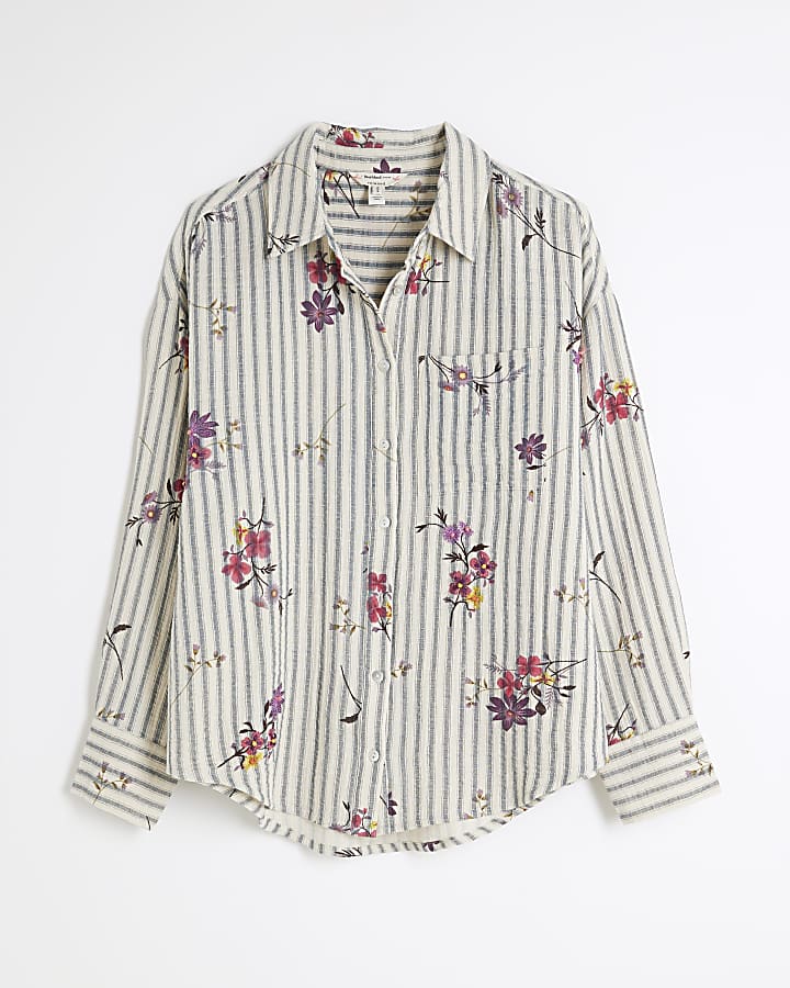 Cream Floral Stripe Embroidered Shirt