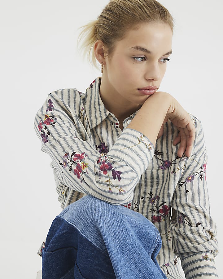 Cream Floral Stripe Embroidered Shirt