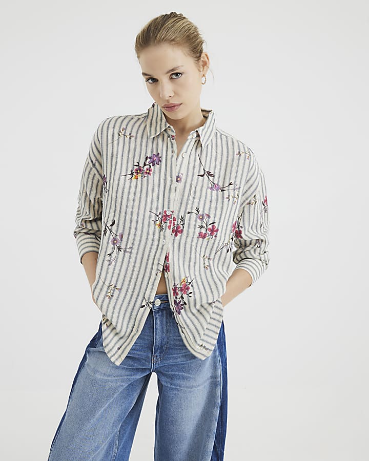 Cream Floral Stripe Embroidered Shirt