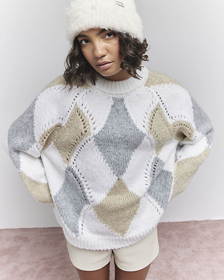 Cream Argyle Jumper River Island