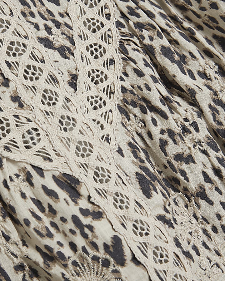 Beige Leopard Lace Trim Embroidered Top