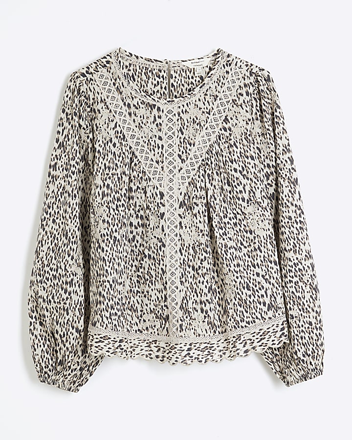 Beige Leopard Lace Trim Embroidered Top