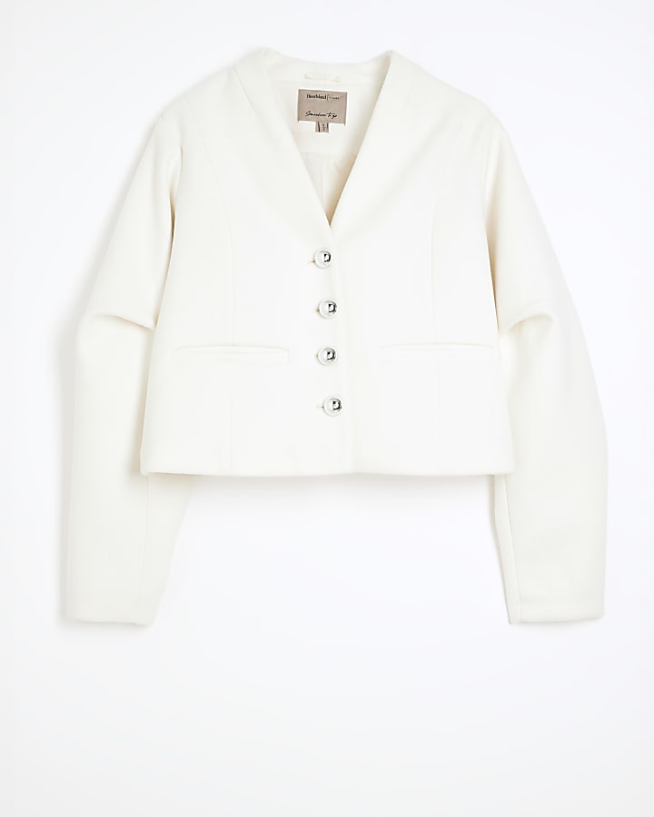 Cream Collarless Button Up Jacket