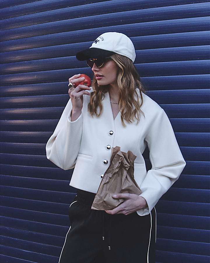 Cream Collarless Button Up Jacket