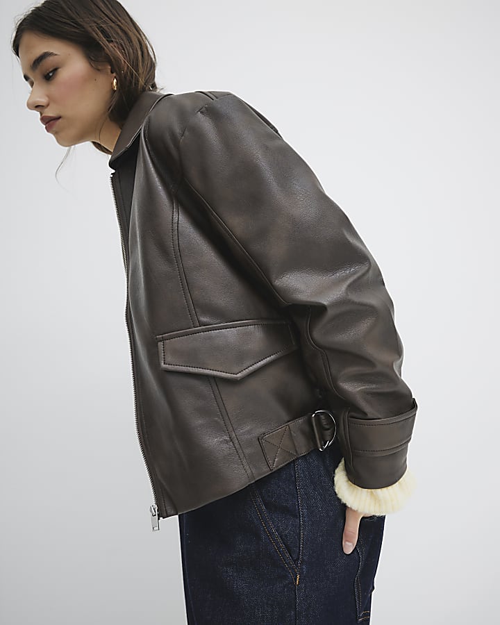 Brown Faux Leather Distressed Bomber Jacket