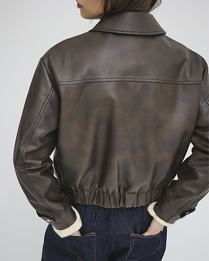 Brown Faux Leather Distressed Bomber Jacket