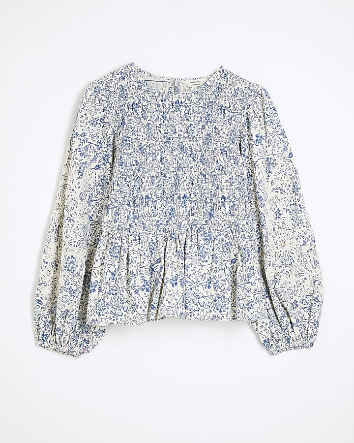 Petite Blue Floral Shirred Bodice Top