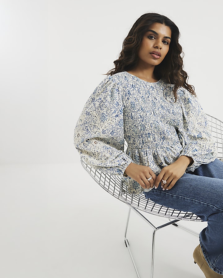 Petite Blue Floral Shirred Bodice Top